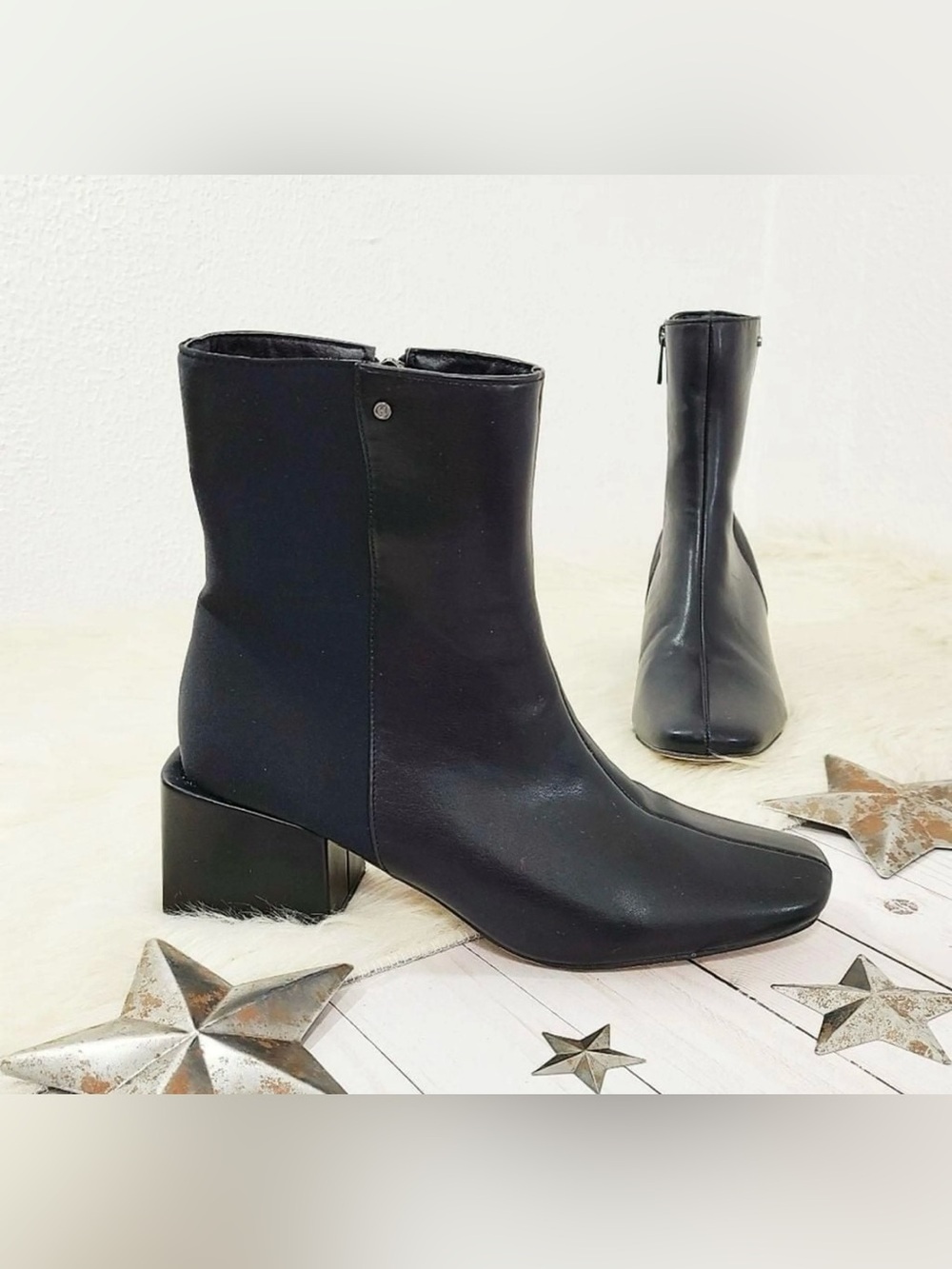 Halston Black Leather Block Heel Ankle Boots Size 6